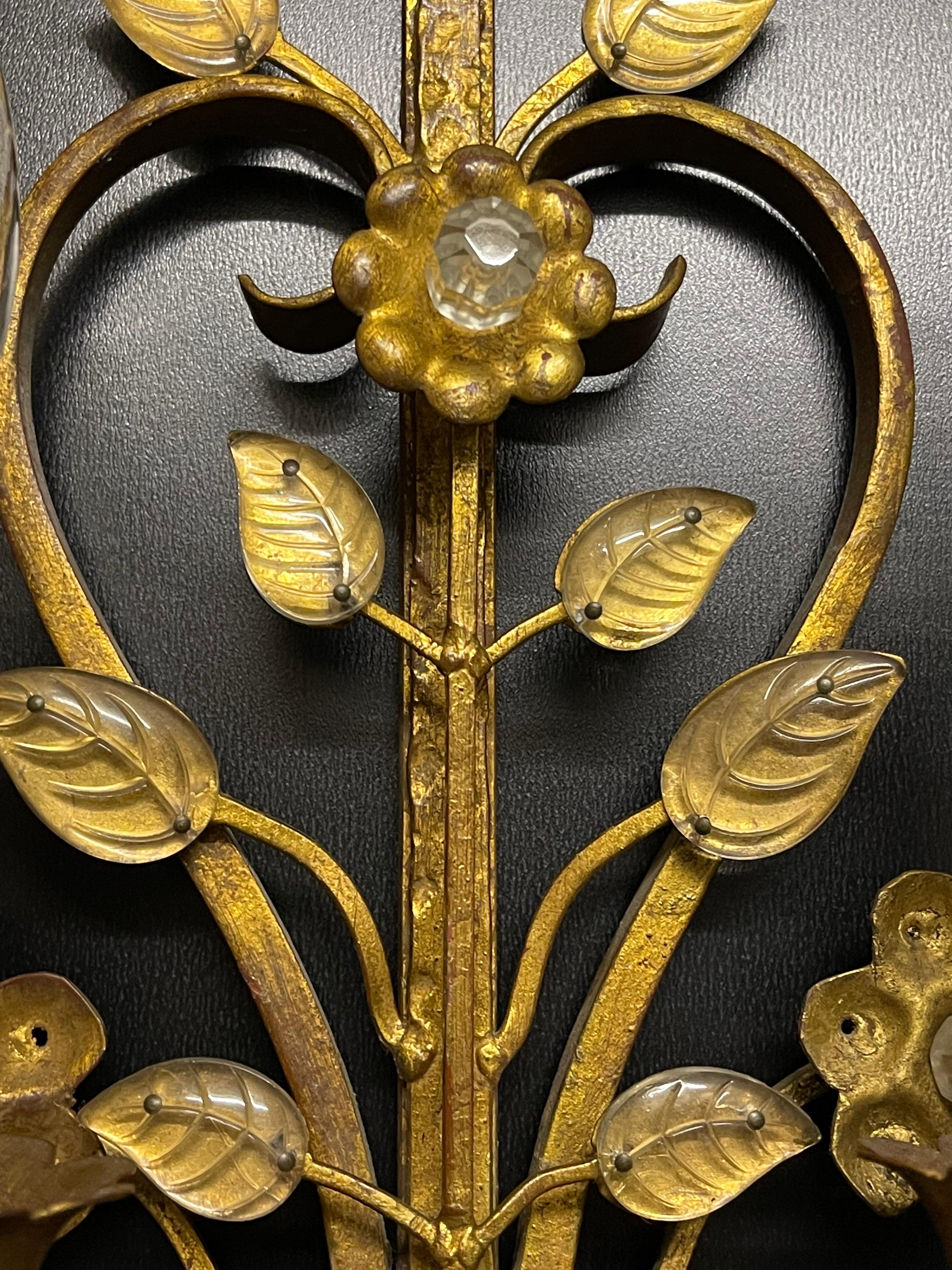Crystal Pair of Large Italian Gilt Iron Wall Sconces by G.Banci, Italy, circa 1970s For Sale