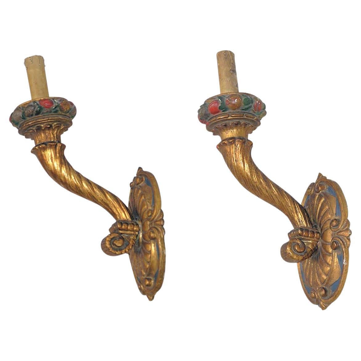 Pair of Large Italian Giltwood Wall Sconces For Sale