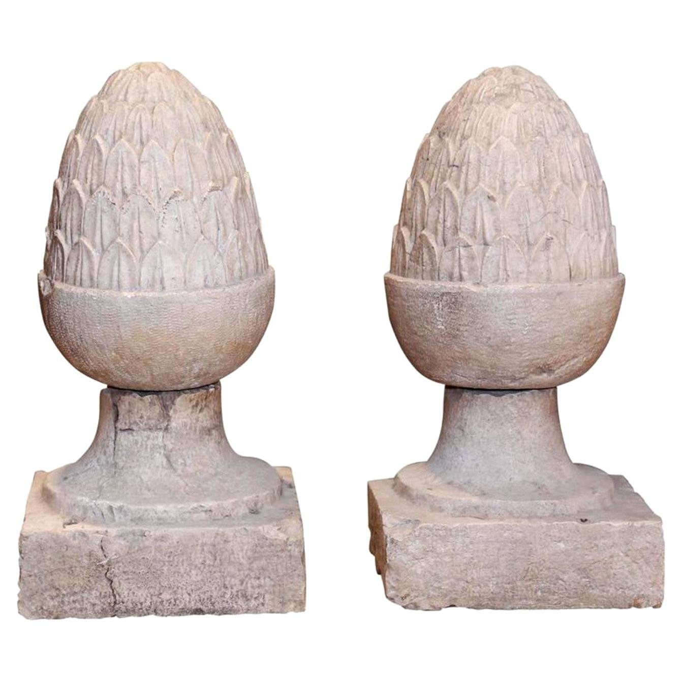 Pair of Large Italian Glazed Light Gray Terracotta Garden Finials