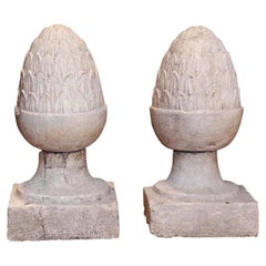 Pair of Large Italian Glazed Light Gray Terracotta Garden Finials