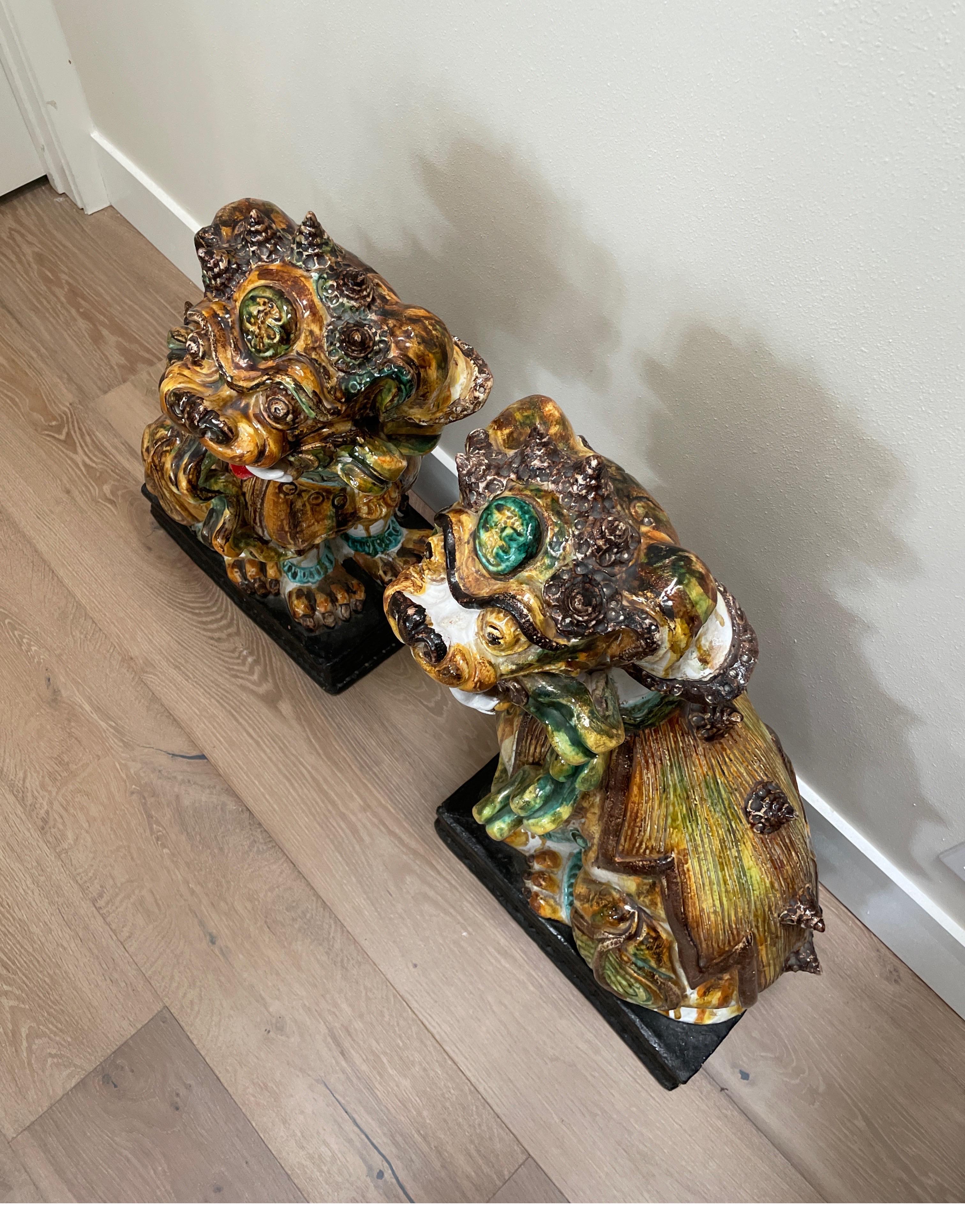 Pair of Large Italian Glazed Terra Cotta Foo Dogs In Good Condition For Sale In West Palm Beach, FL