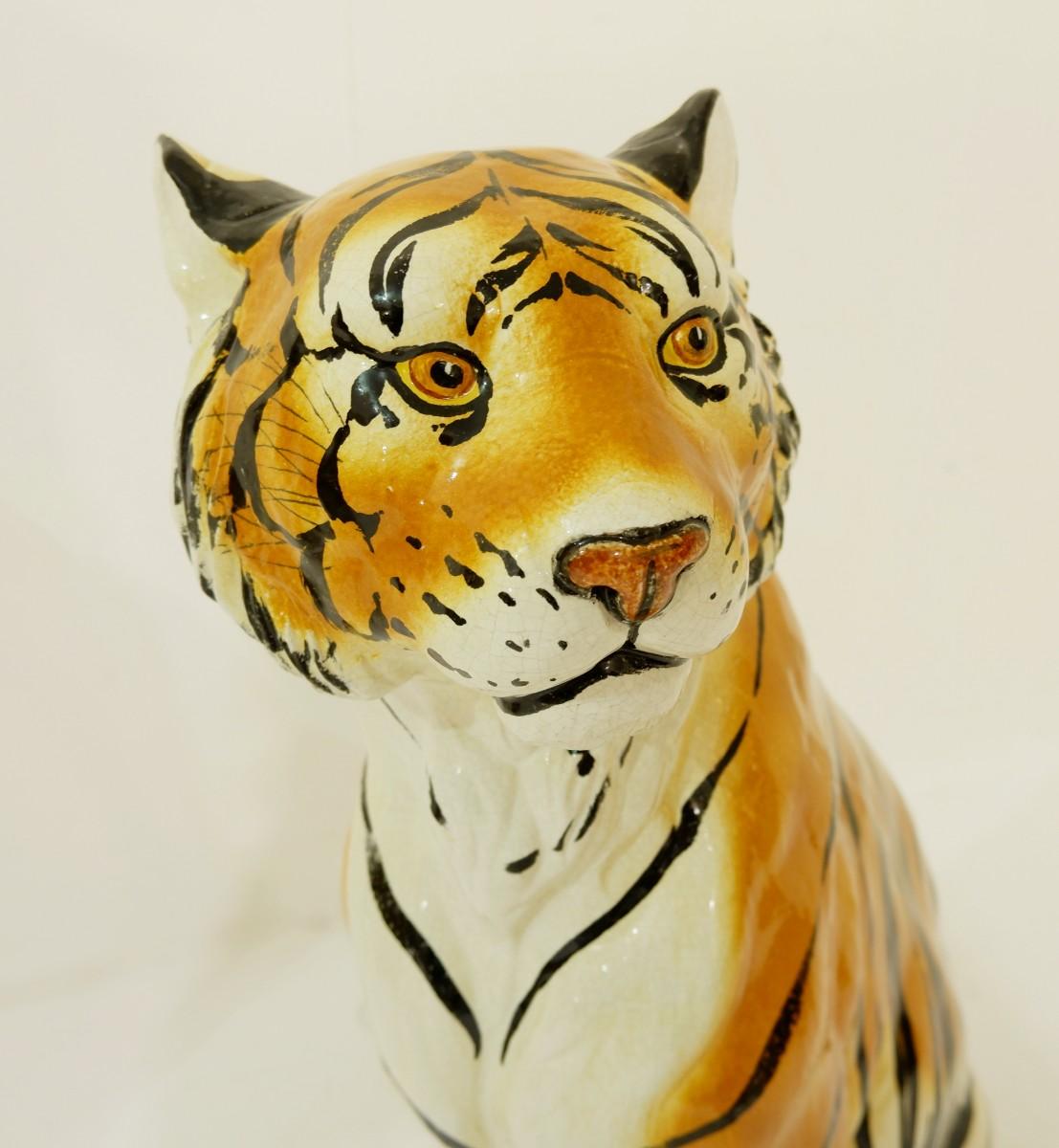 Mid-Century Modern Pair of Large Italian Glazed Terracotta Tigers