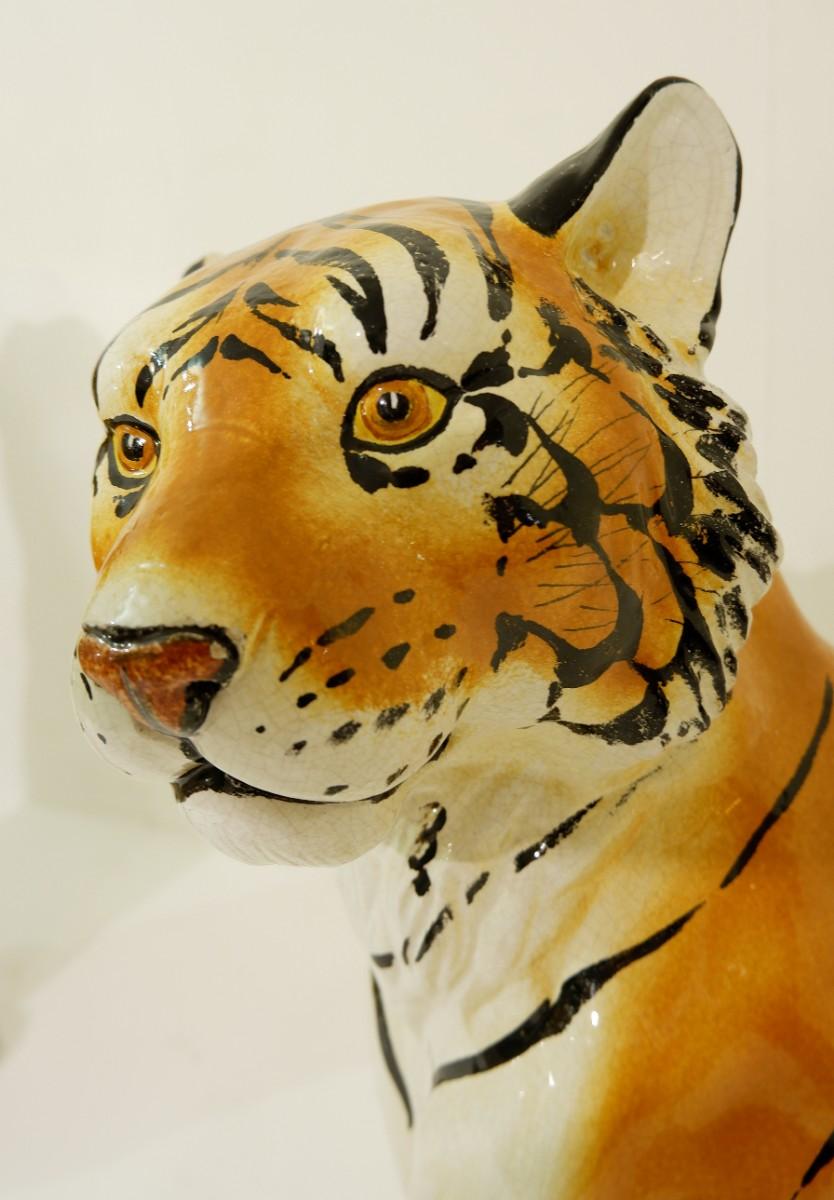 Pair of Large Italian Glazed Terracotta Tigers In Good Condition In Brussels, BE