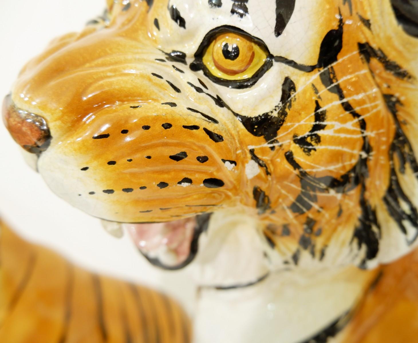 Mid-20th Century Pair of Large Italian Glazed Terracotta Tigers
