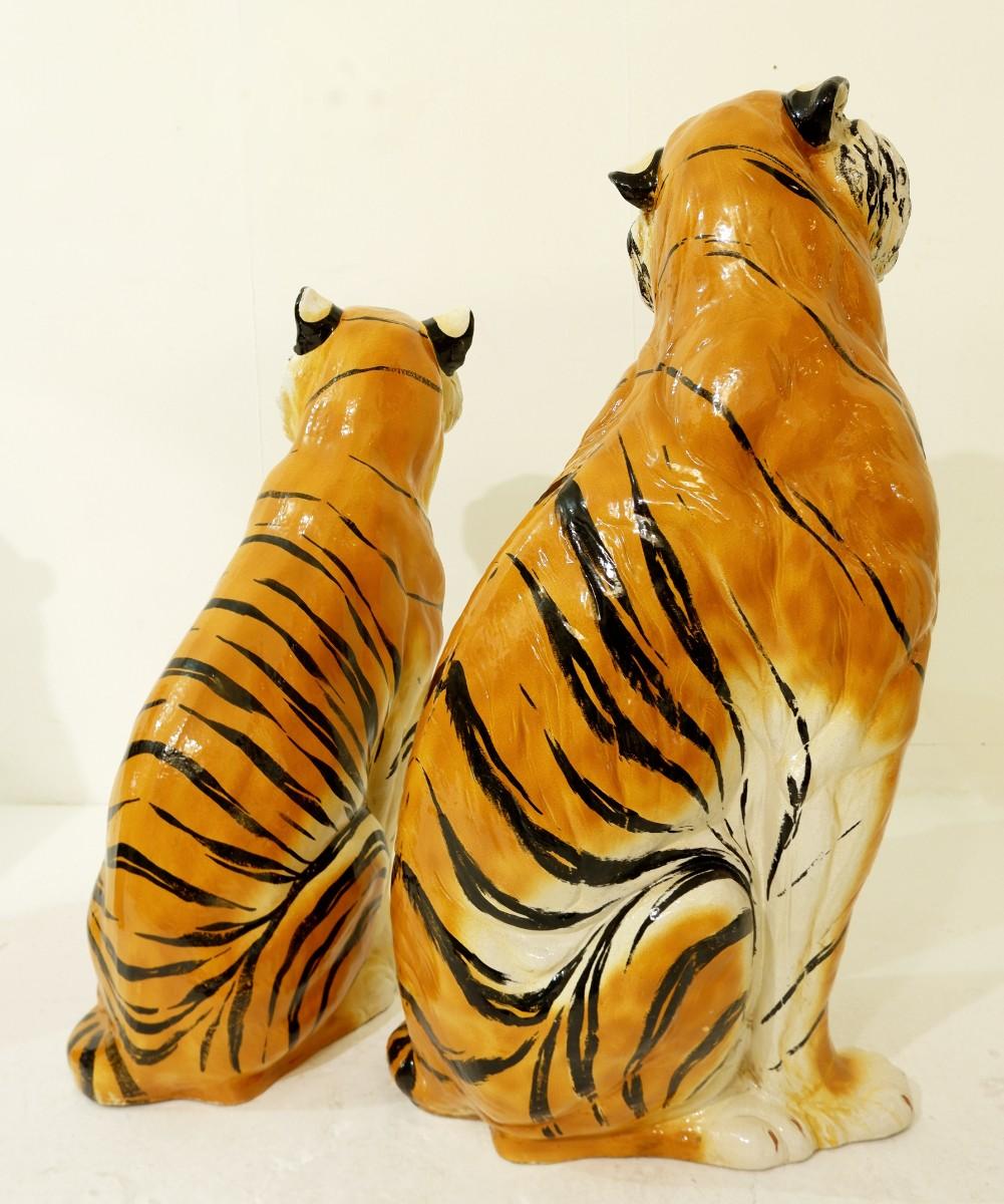 Ceramic Pair of Large Italian Glazed Terracotta Tigers