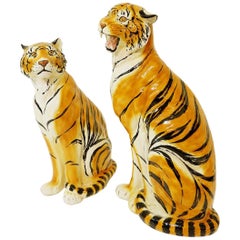 Pair of Large Italian Glazed Terracotta Tigers