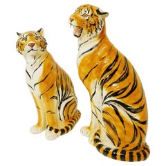 Pair of Large Italian Glazed Terracotta Tigers