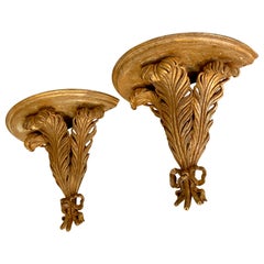 Pair of Large Italian Louis XVI Style Plume Hand Carved Giltwood Wall Shelves