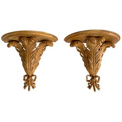 Antique Pair of Large Italian Louis XVI Style Plume Hand Carved Giltwood Wall Shelves