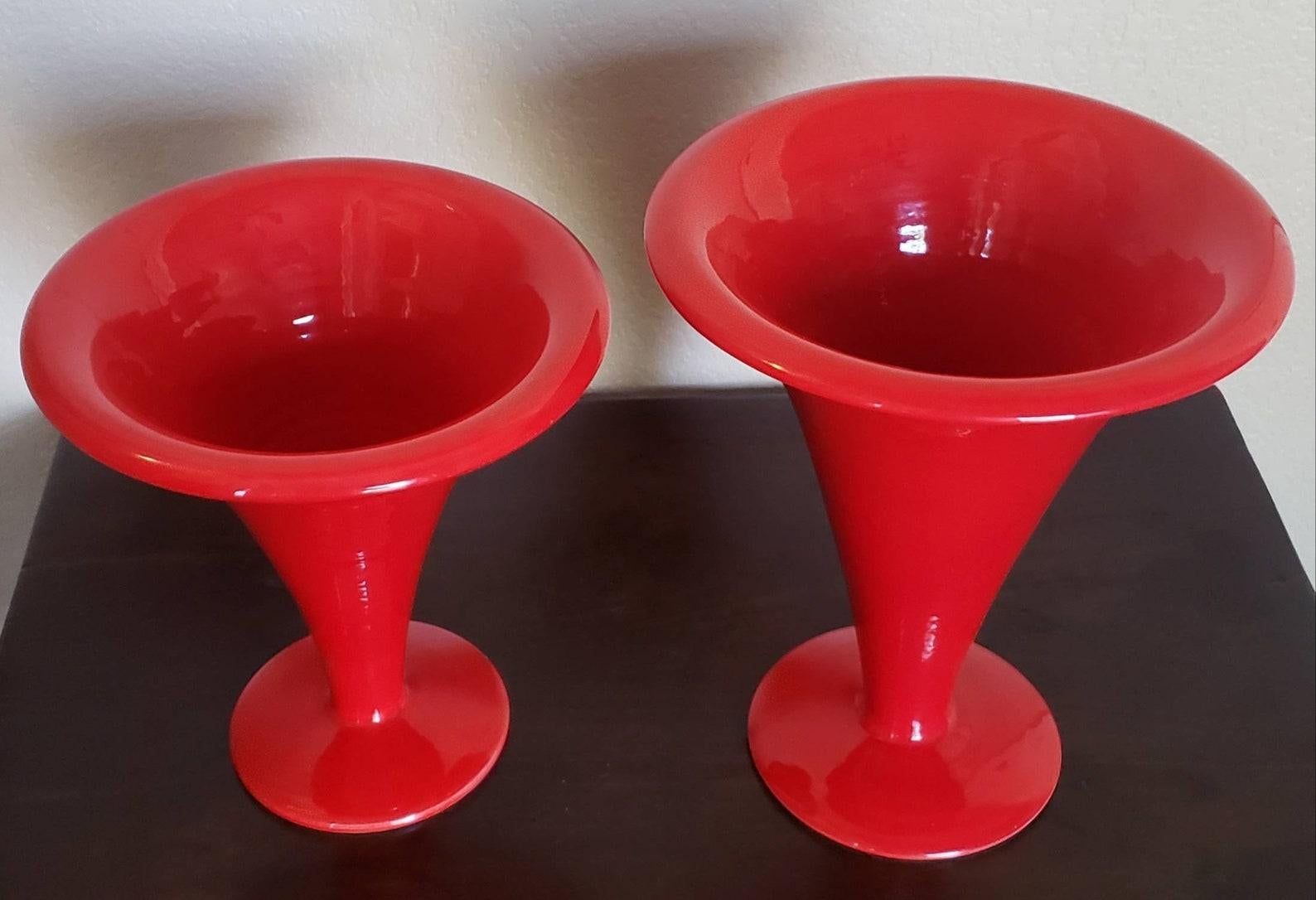 Scarce pair of vintage Italian Mid-Century Modern Italica ARS large hand-turned Fine pottery vases. Bright atomic red glaze with wide rim on tapered body, ending in circular foot, marked Italica ARS underfoot. 
Circa 1955-1965, Italy.

This