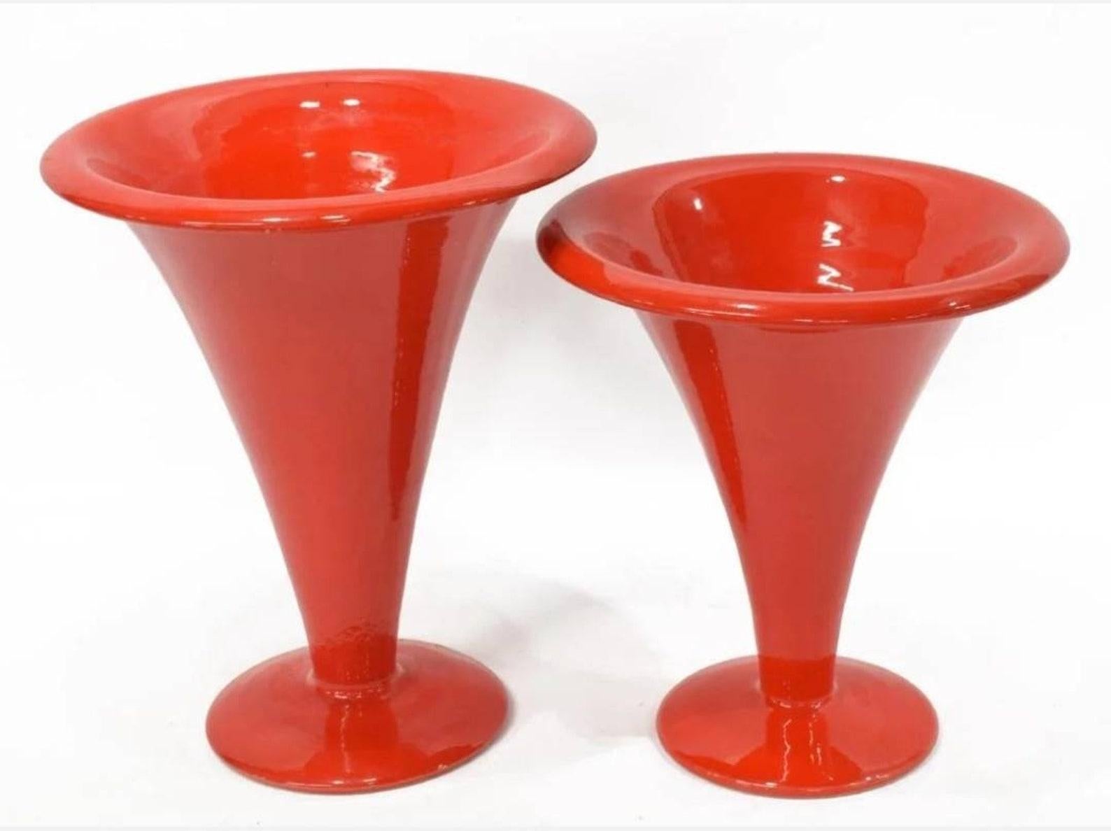 Glazed Pair of Large Italian MCM Italica Ars Atomic Red Vases For Sale