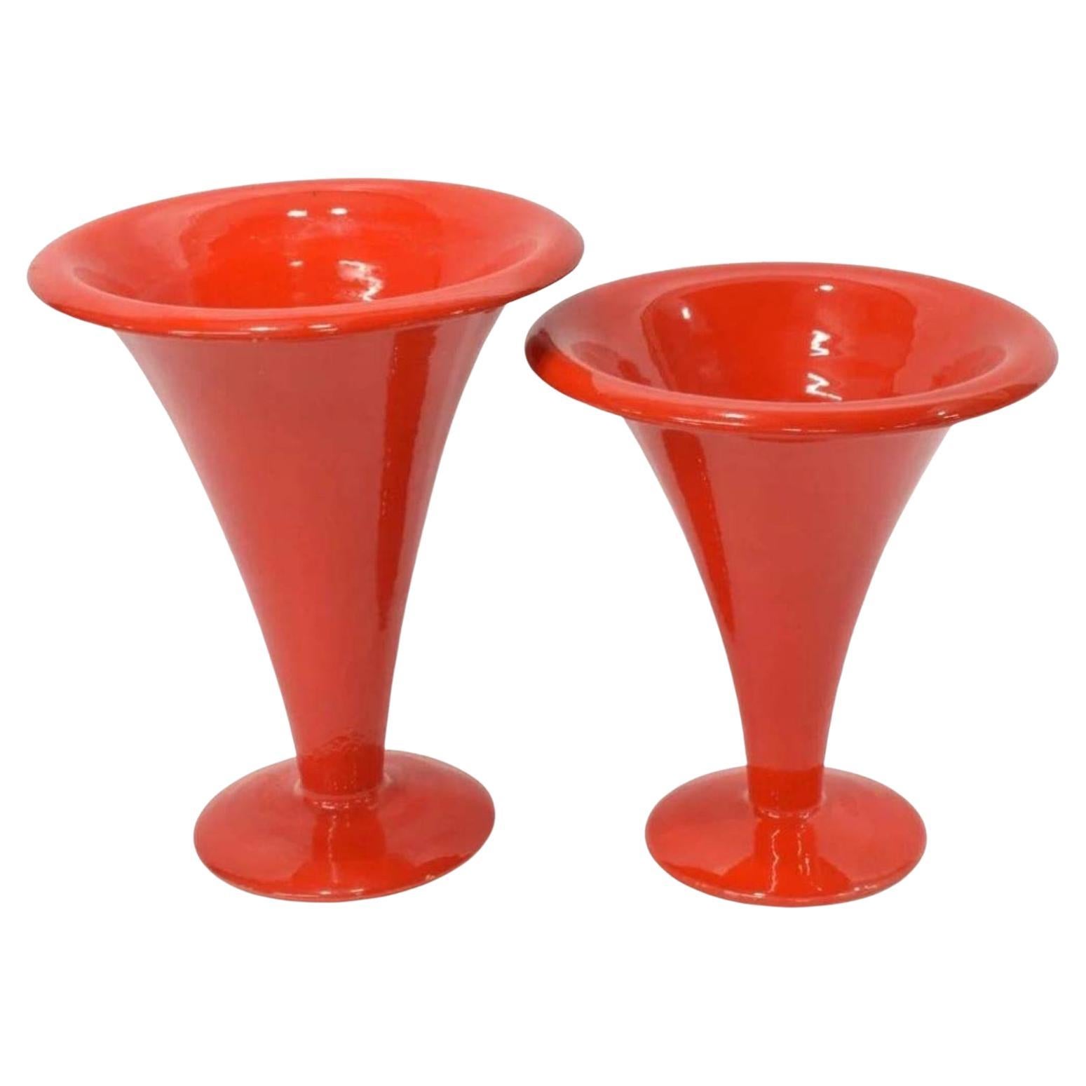 Pair of Large Italian MCM Italica Ars Atomic Red Vases For Sale