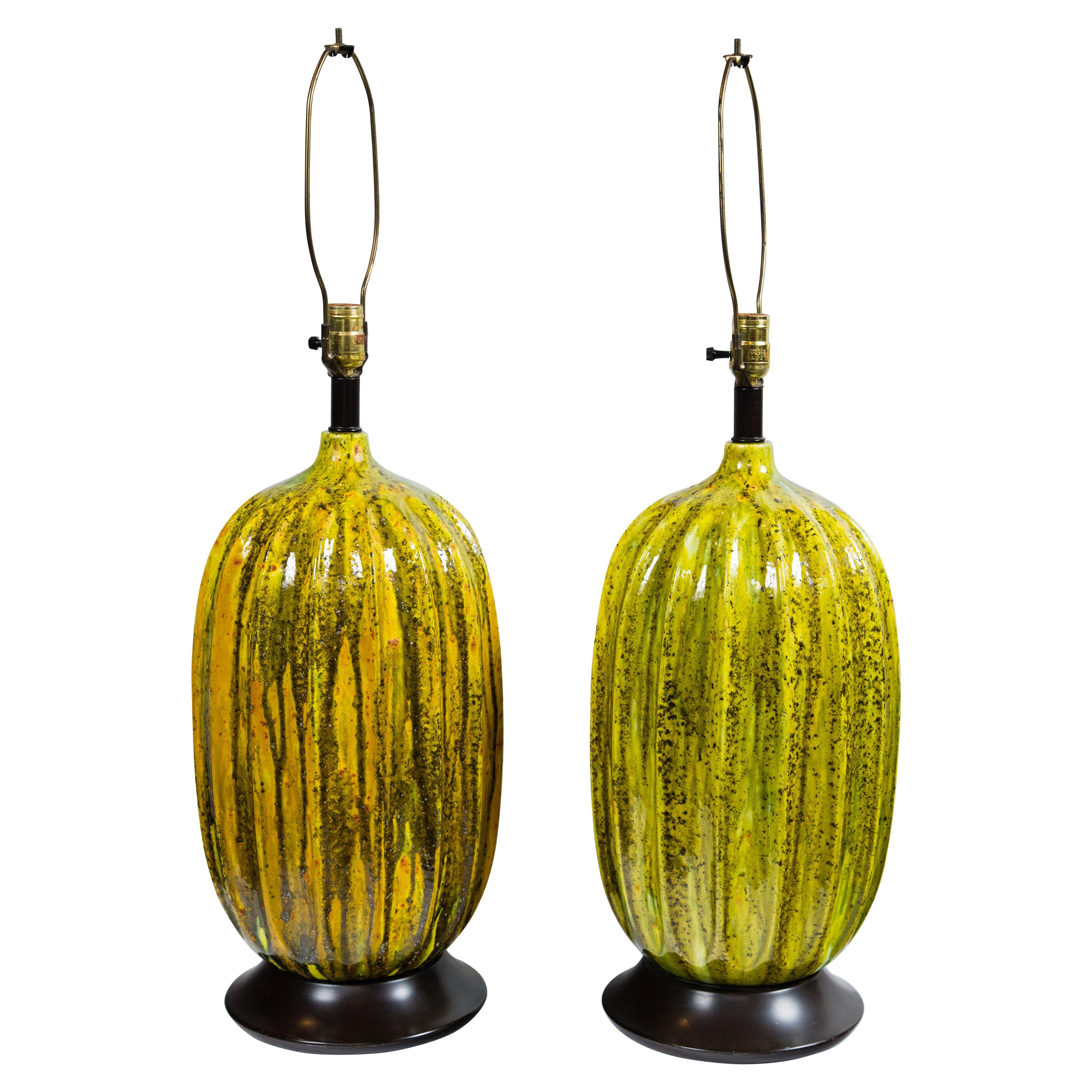 Pair of Large Italian Melon Form Ceramic Lamps, circa 1960 For Sale