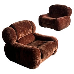 Vintage Pair of Large Italian Mid-Century Cloud Armchairs in Dark Brown Fabric, 1970s