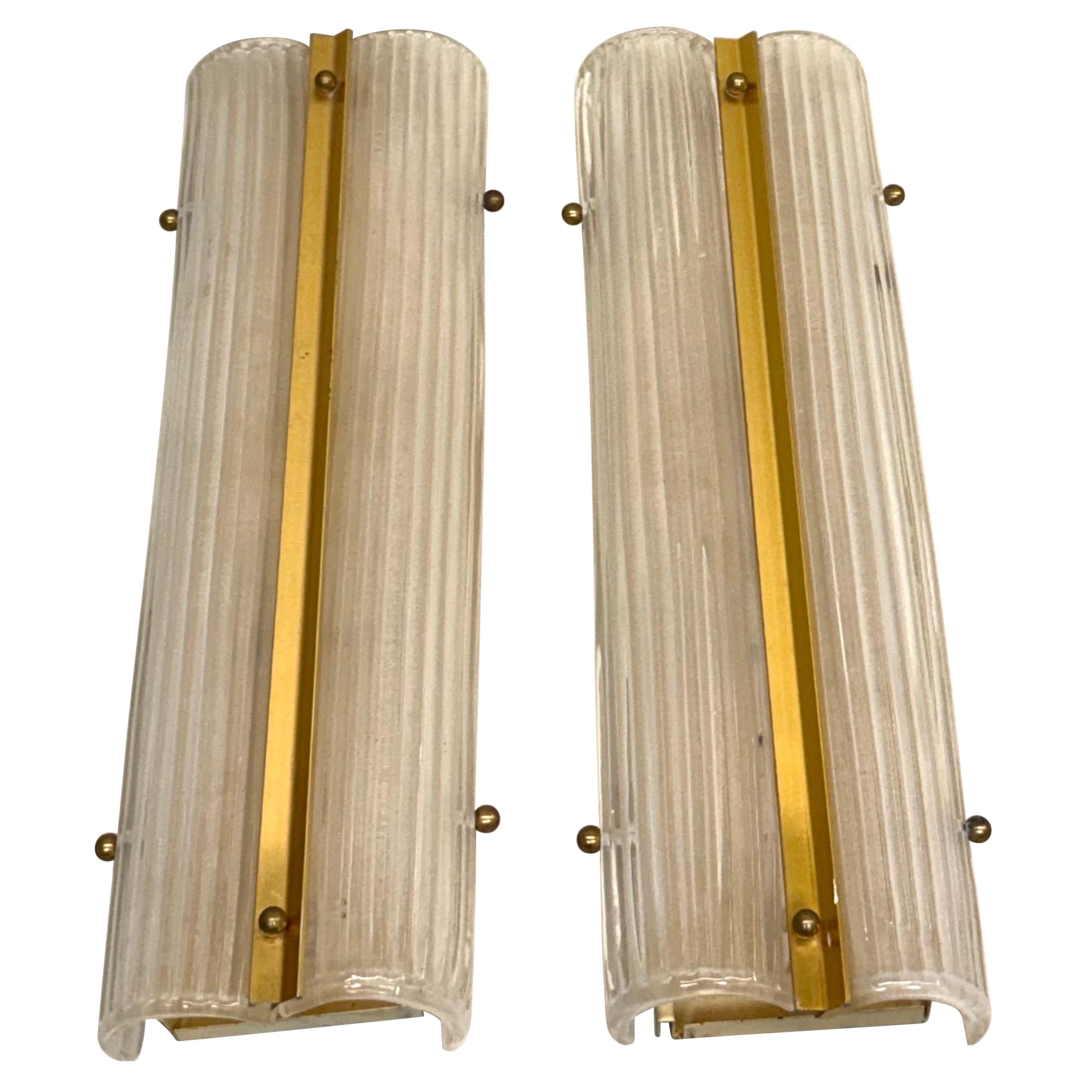 Pair of Large Italian Mid-Century Modern Glass and Brass Wall Lights / Sconces For Sale