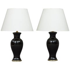 Pair of Large Italian Midcentury Black Ceramic Lamps