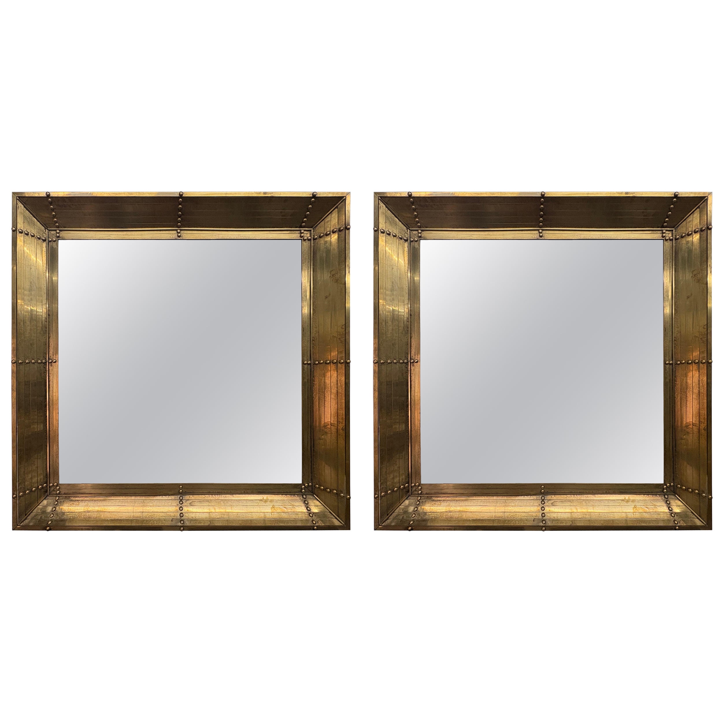 Coppia di grandi specchi quadrati italiani moderni in bronzo