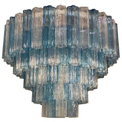 Pair of Large Italian Murano Glass Blue and Ice Color Tronchi Chandelier 