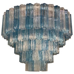 Pair of Large Italian Murano Glass Blue and Ice Color Tronchi Chandelier