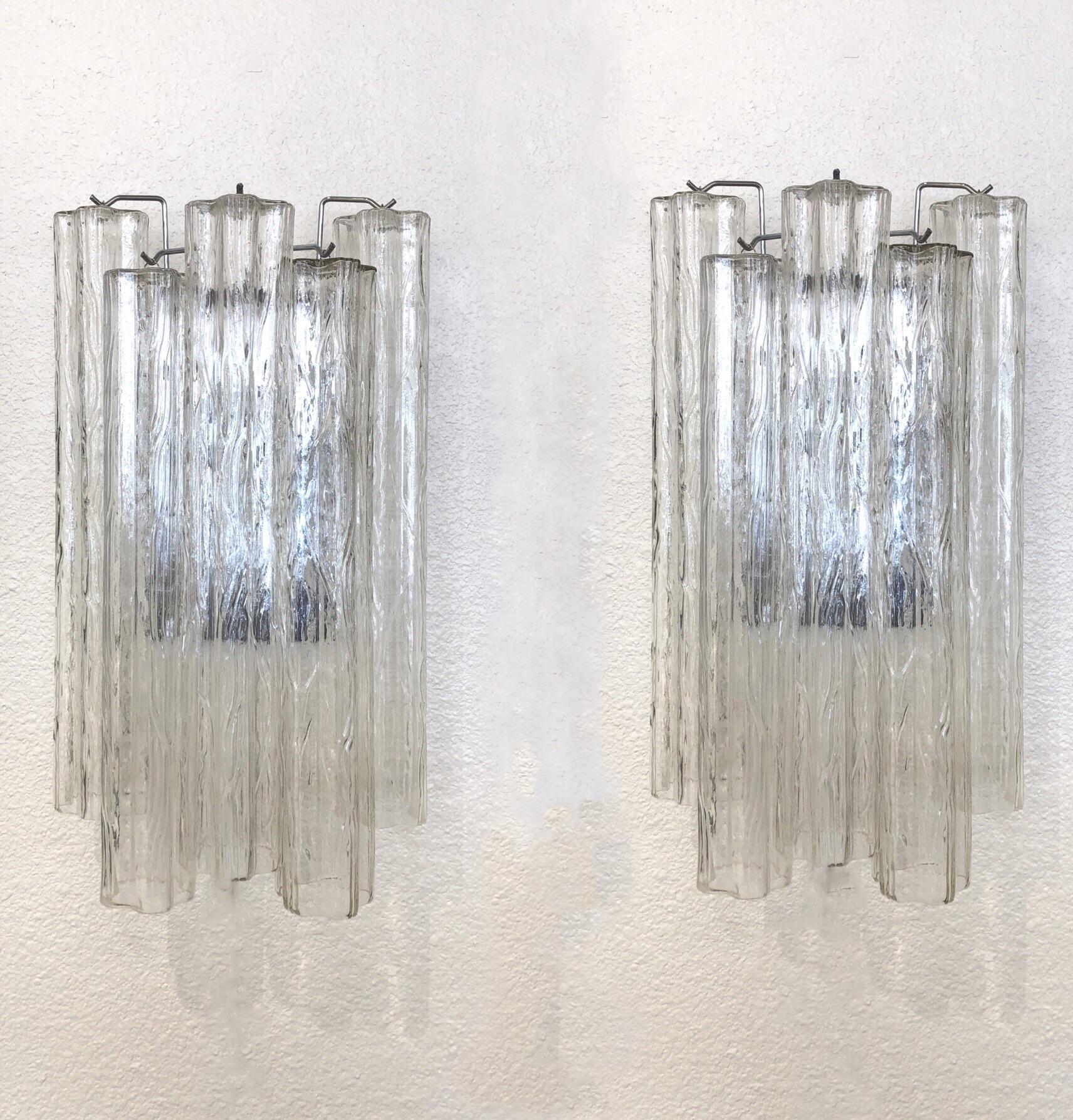 Late 20th Century Pair of Large Italian Murano Glass “Tronchi” Wall Sconces by Venini