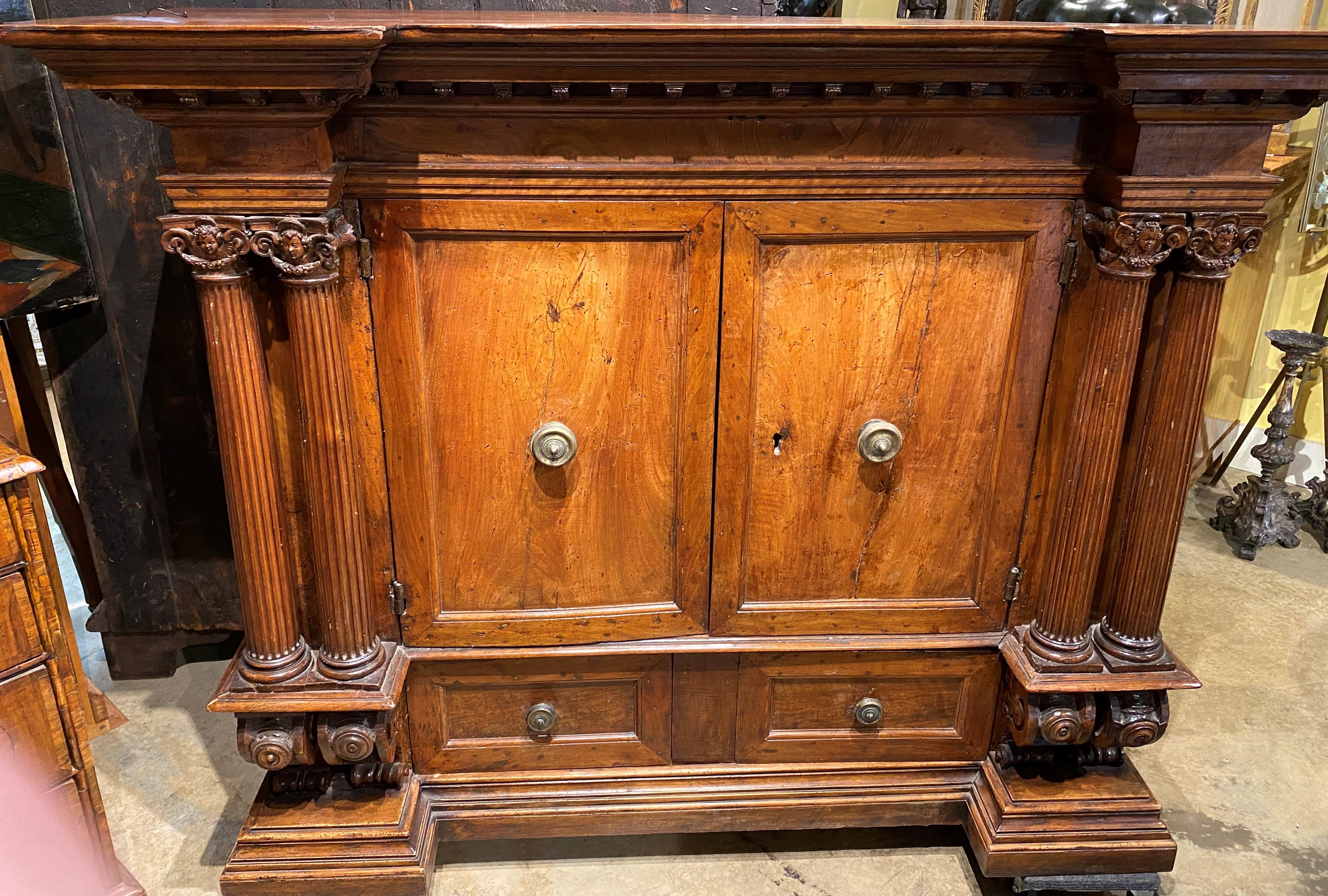 Pair of Large Italian Neoclassical Walnut Architectural Cabinets For Sale 5