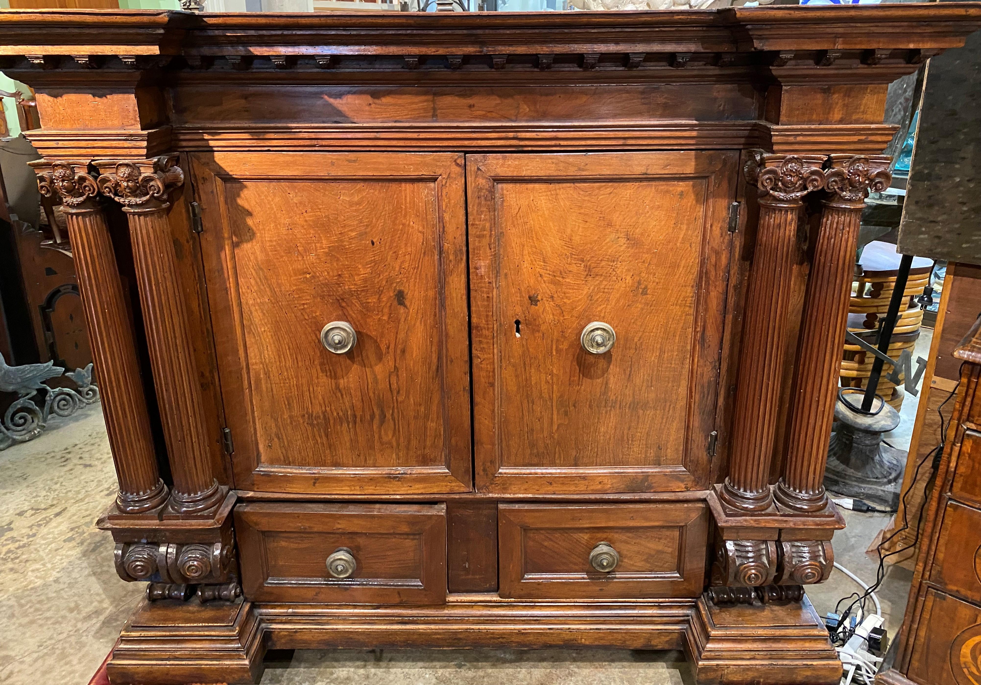 Hand-Carved Pair of Large Italian Neoclassical Walnut Architectural Cabinets For Sale