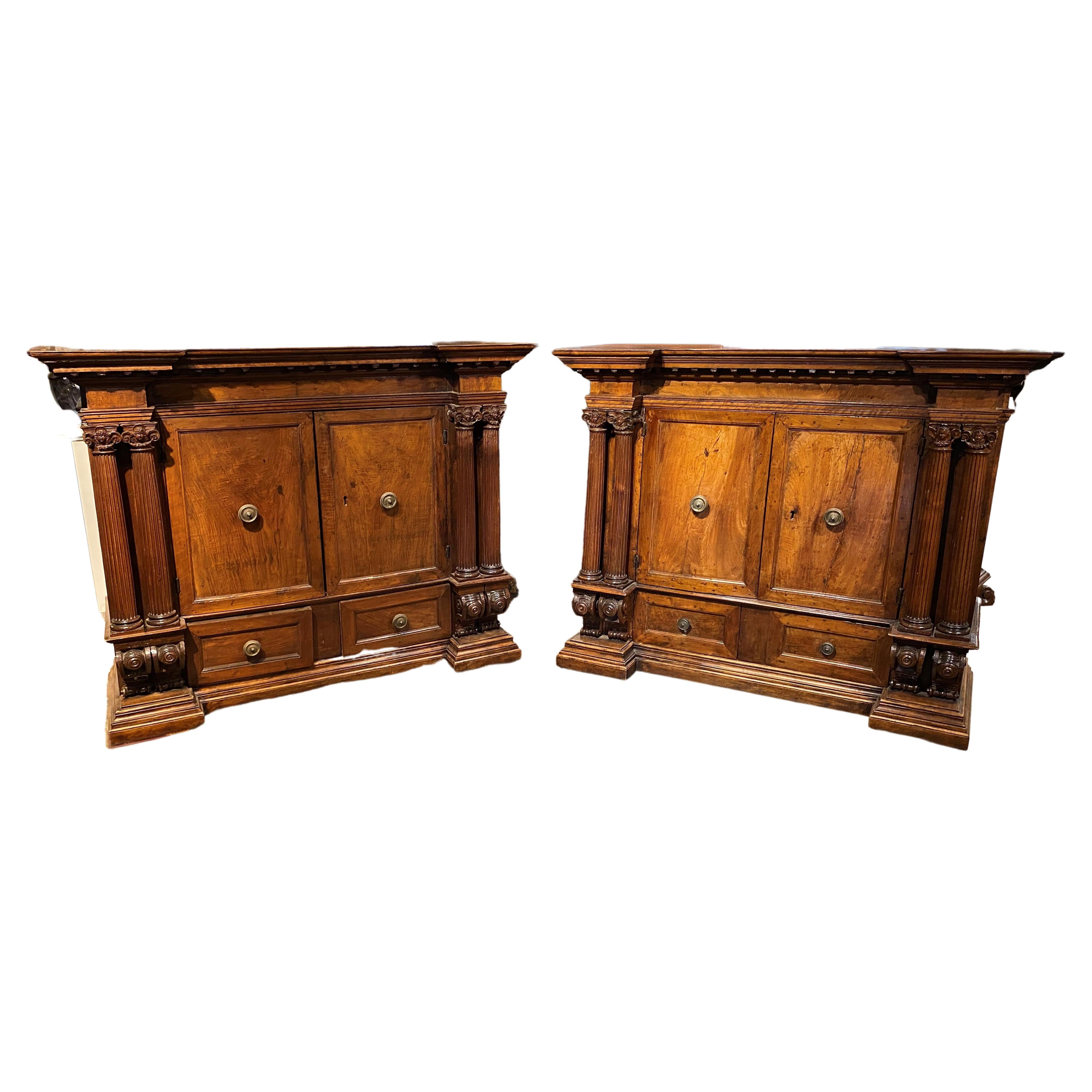 Pair of Large Italian Neoclassical Walnut Architectural Cabinets