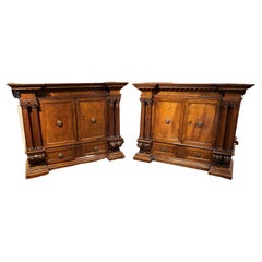 Pair of Large Italian Neoclassical Walnut Architectural Cabinets