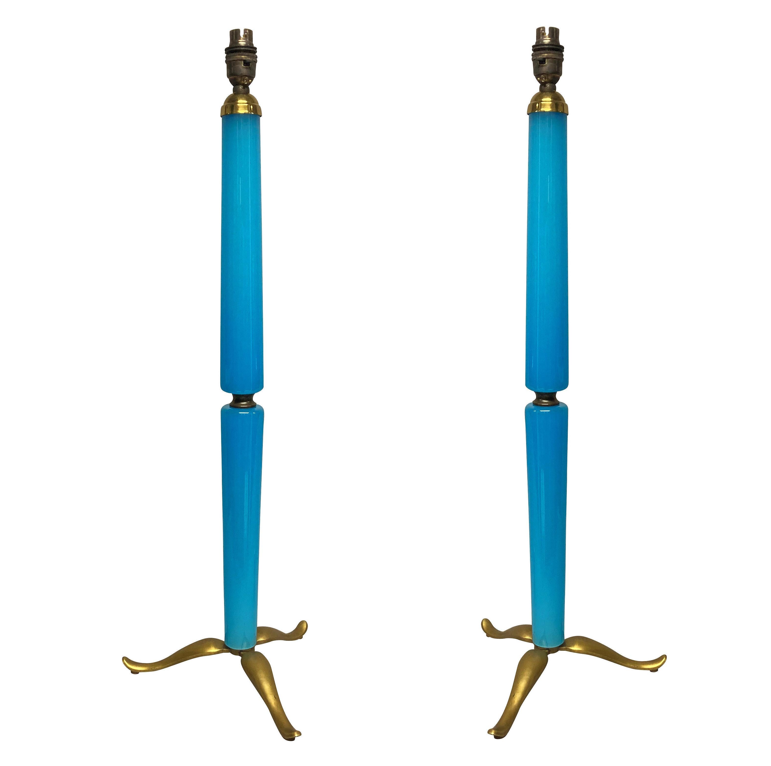 Mid-20th Century Pair Of Large Italian Pale Blue Glass Lamps
