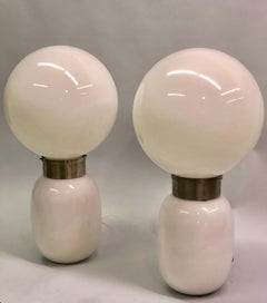 Pair Large Italian Mid-century Modern White Blown Glass Table Lamps, Carlo Nason