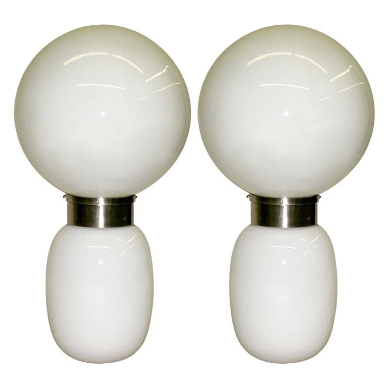 Pair of Large Italian Radical Design/ Midcentury White Murano Glass Table Lamps
