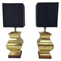 Pair of Large Italian Regency Style Table Lamps – Brass & Wood with Black Shades