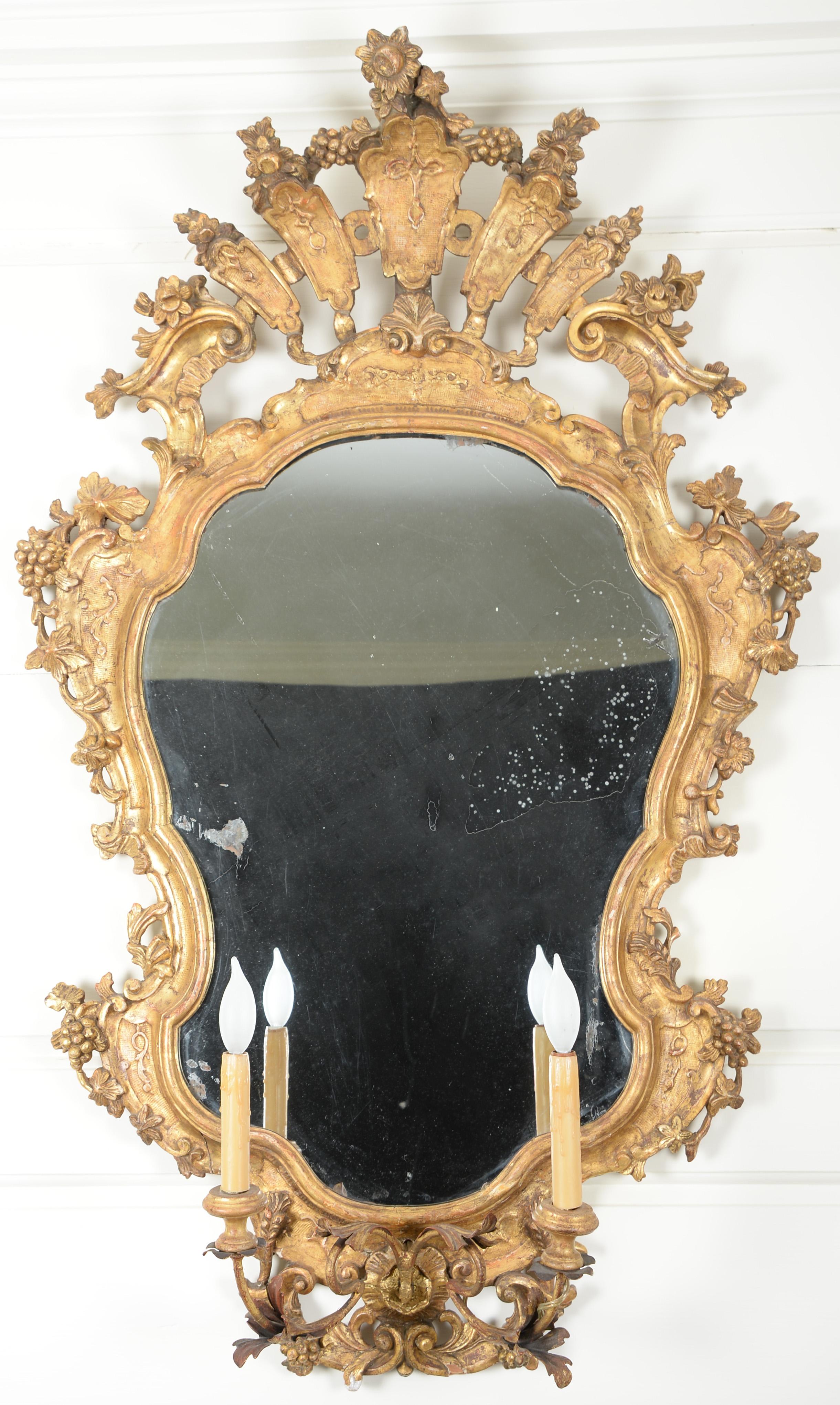 Pair of Large Italian Rococo Giltwood Mirrors (Girandoles) In Fair Condition For Sale In Kittery Point, ME