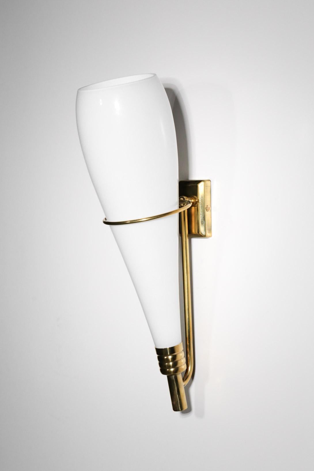 Pair of Large Italian Style Arredoluce Stilnovo Wall Lights Design Brass Opalin For Sale 6