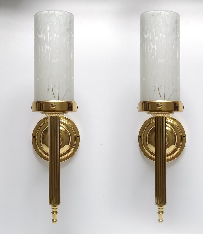 Pair of large Murano glass and brass wall lights / sconces.
Italy, 1960s.