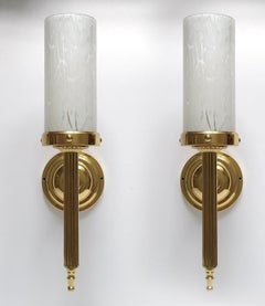 Pair of Large Italian Vintage Blown Glass and Brass Wall Lights Sconces, 1960s
