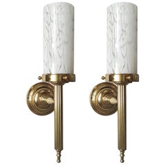 Pair of Large Italian Vintage Blown Glass and Brass Wall Lights Sconces, 1960s