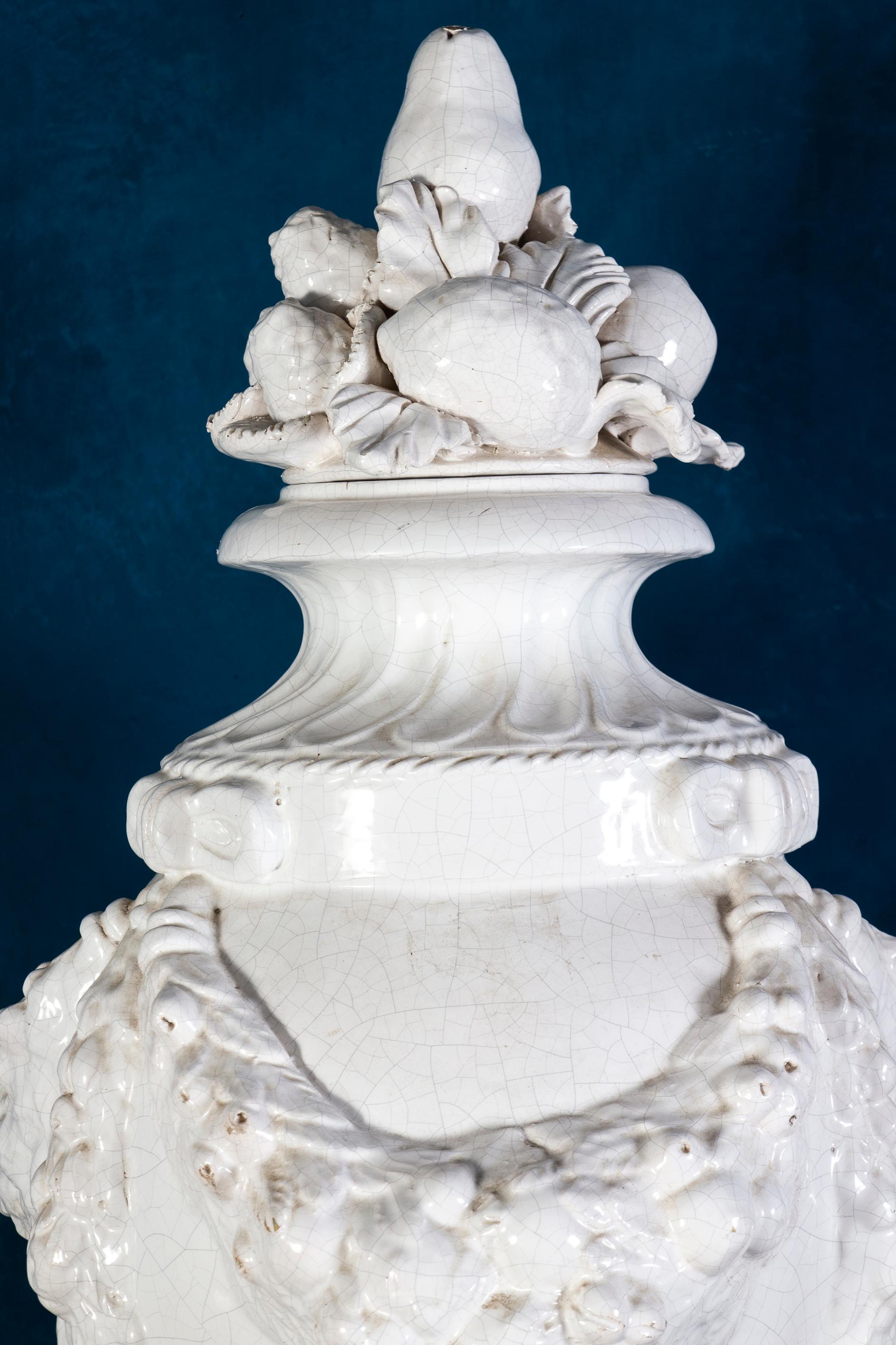 Neoclassical Pair of Large Italian White Ceramic Urn Vases For Sale