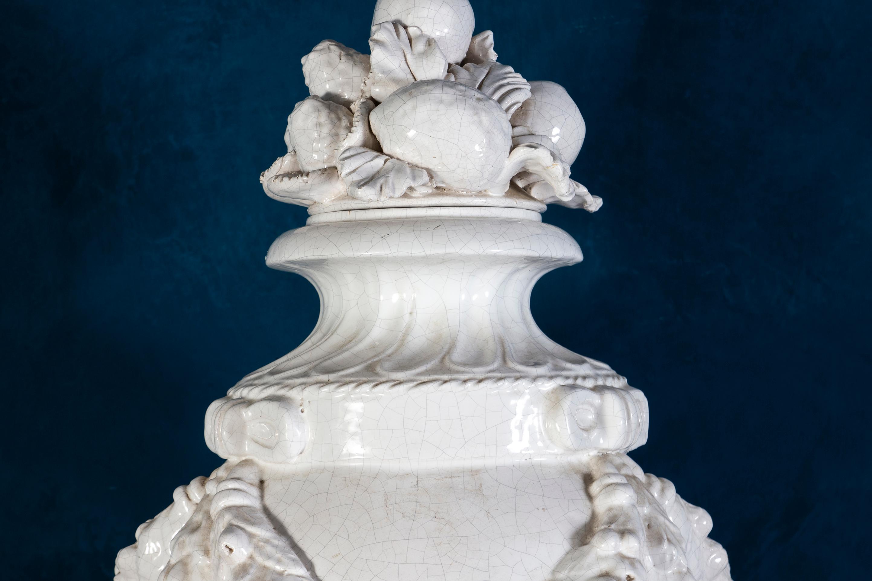 20th Century Pair of Large Italian White Ceramic Urn Vases For Sale