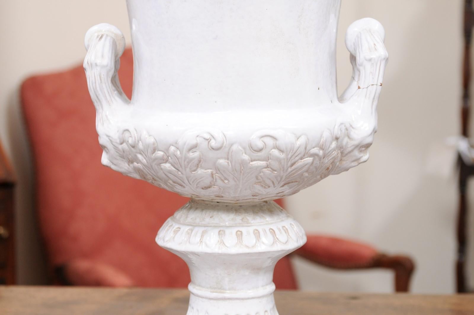 Pair of Large Italian White Glazed Urns, Neoclassical Style ca. 1890 For Sale 9