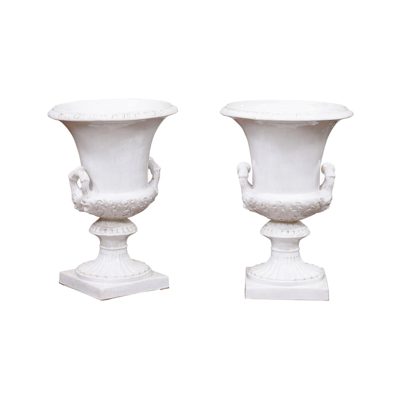 Pair of Large Italian White Glazed Urns, Neoclassical Style ca. 1890 In Fair Condition For Sale In Atlanta, GA