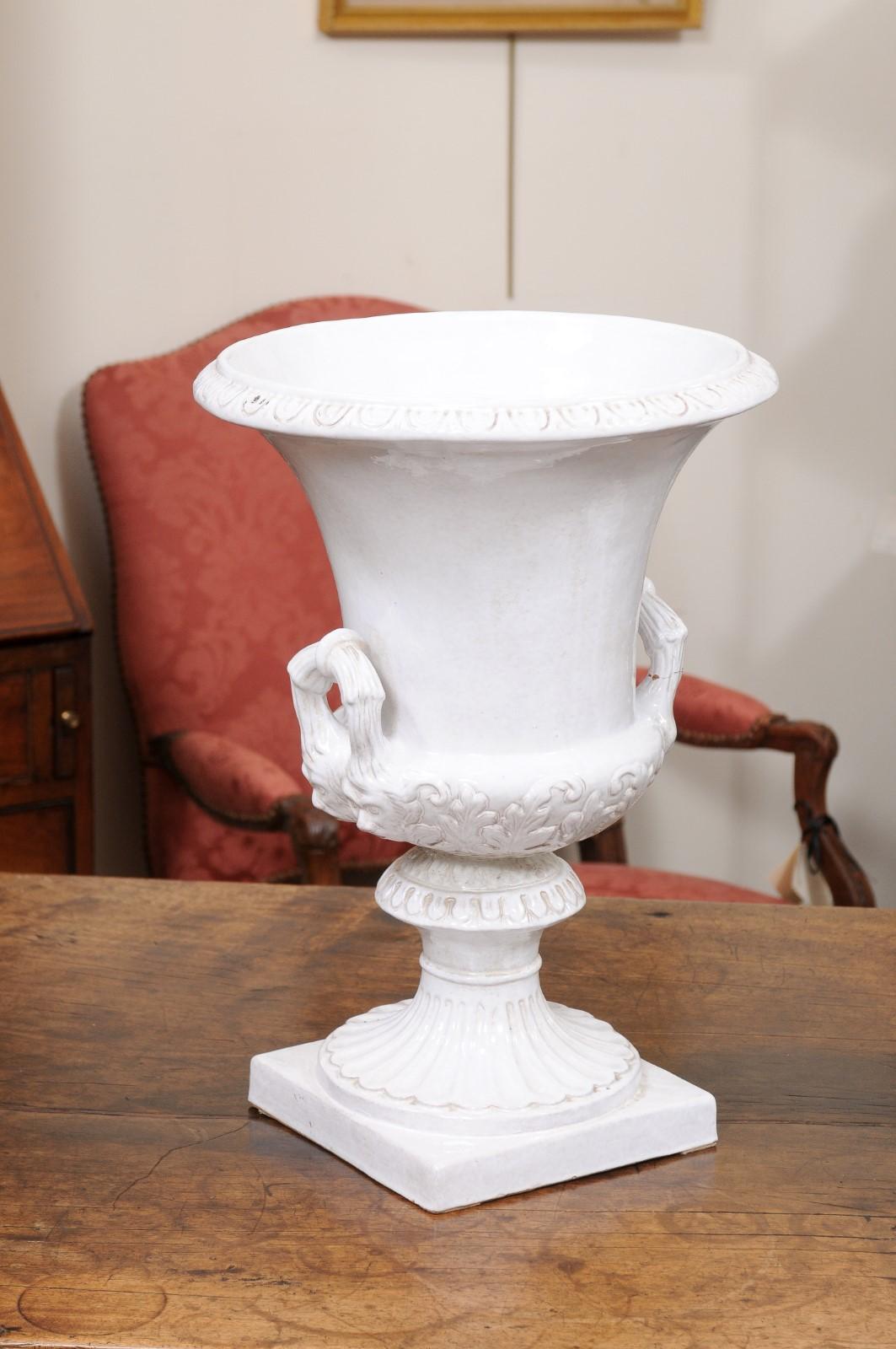 Pair of Large Italian White Glazed Urns, Neoclassical Style ca. 1890 For Sale 1