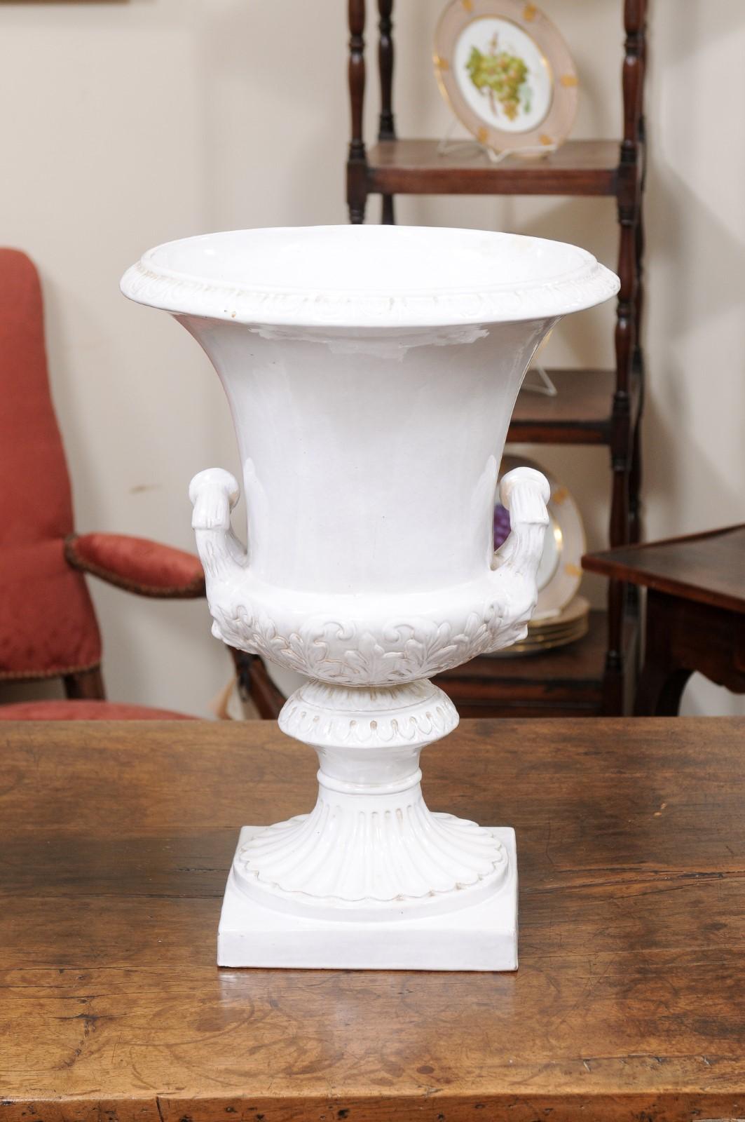 Pair of Large Italian White Glazed Urns, Neoclassical Style ca. 1890 For Sale 2