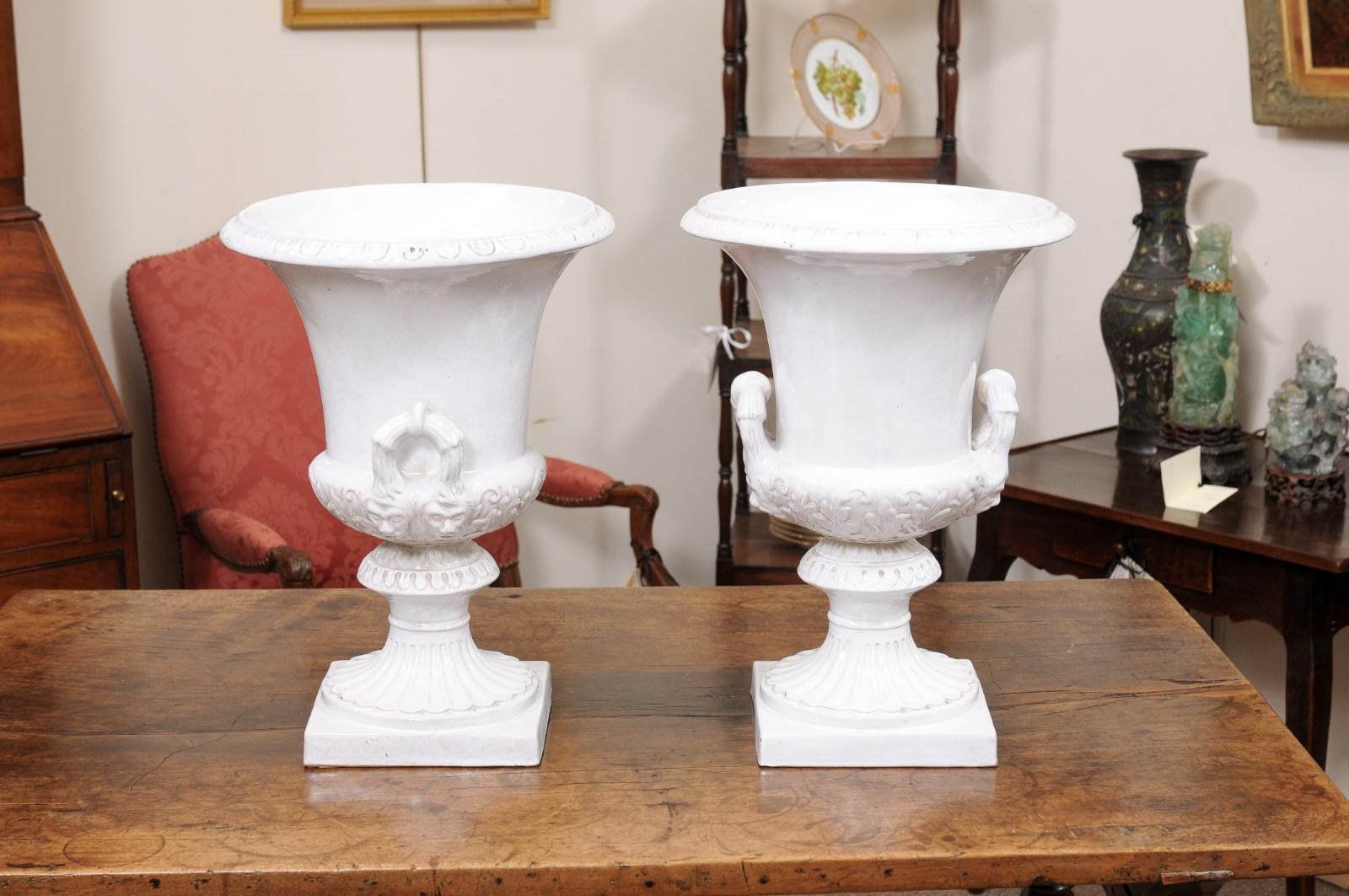 Pair of Large Italian White Glazed Urns, Neoclassical Style ca. 1890 For Sale 3