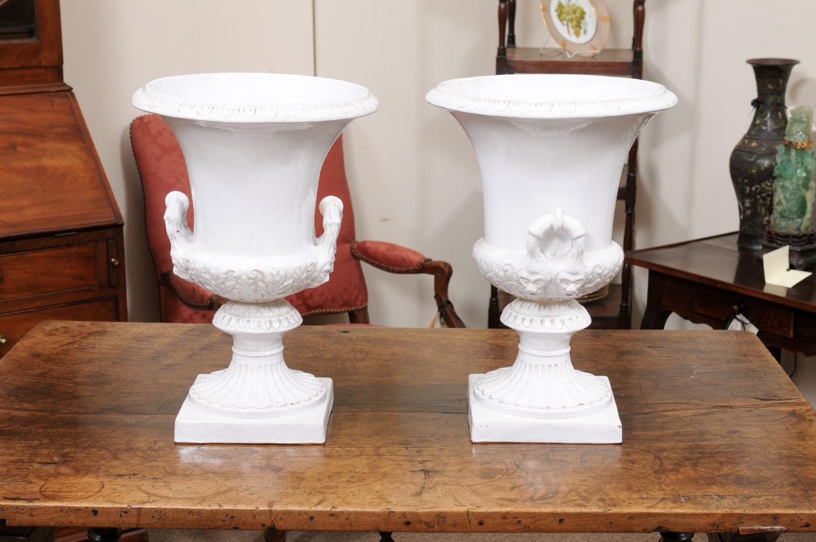 Pair of Large Italian White Glazed Urns, Neoclassical Style ca. 1890 For Sale 4
