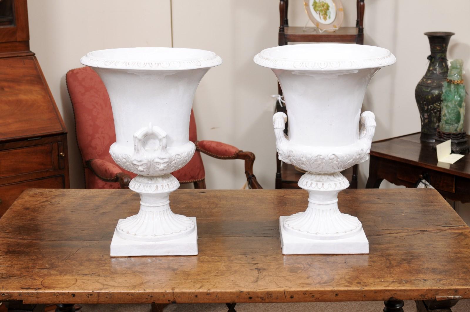 Pair of Large Italian White Glazed Urns, Neoclassical Style ca. 1890 For Sale 5