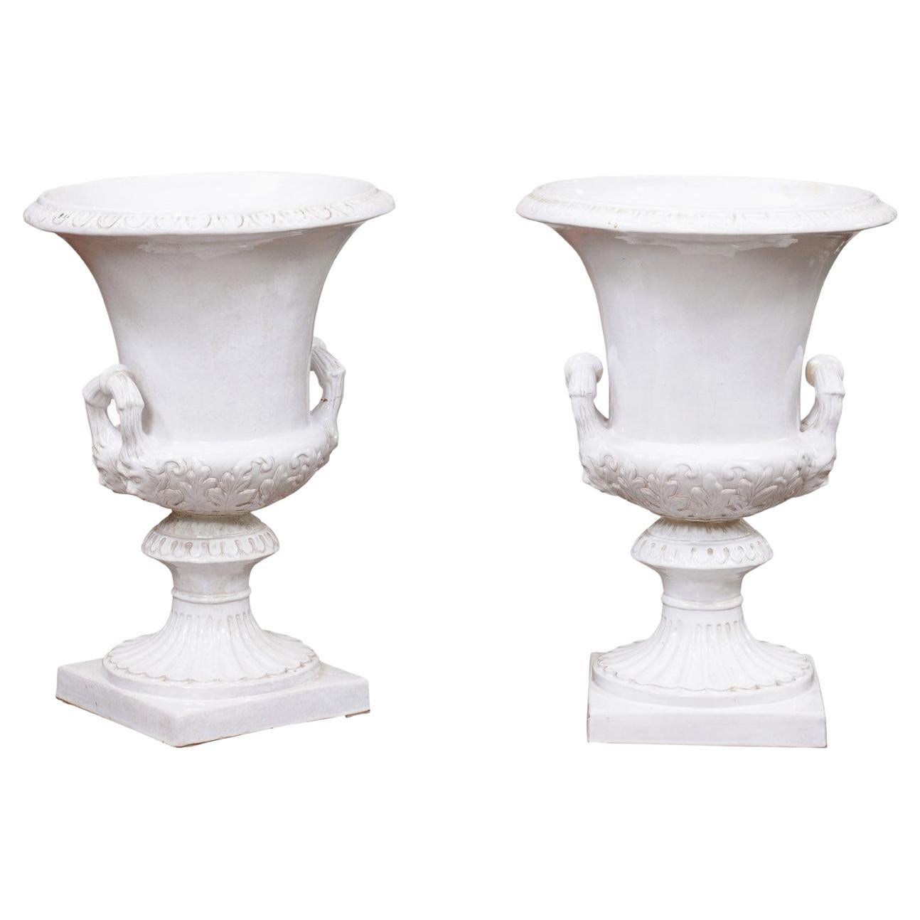 Pair of Large Italian White Glazed Urns, Neoclassical Style ca. 1890 For Sale
