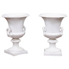 Pair of Large Italian White Glazed Urns, Neoclassical Style ca. 1890