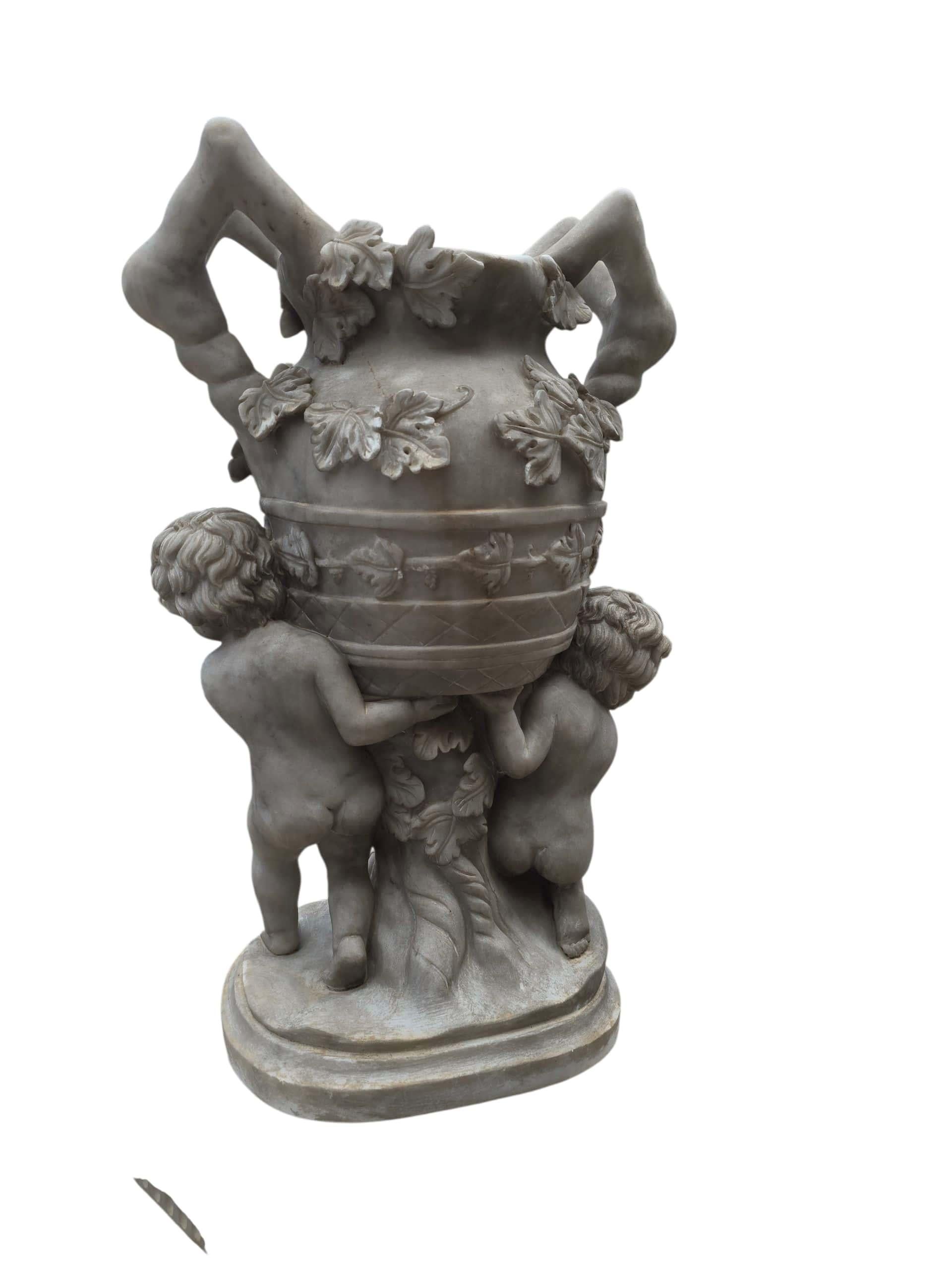 Pair of Large Italian White Marble Urns with Cherub Figures For Sale 1