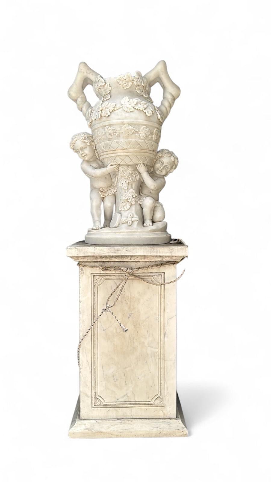 Pair of Large Italian White Marble Urns with Cherub Figures For Sale 3